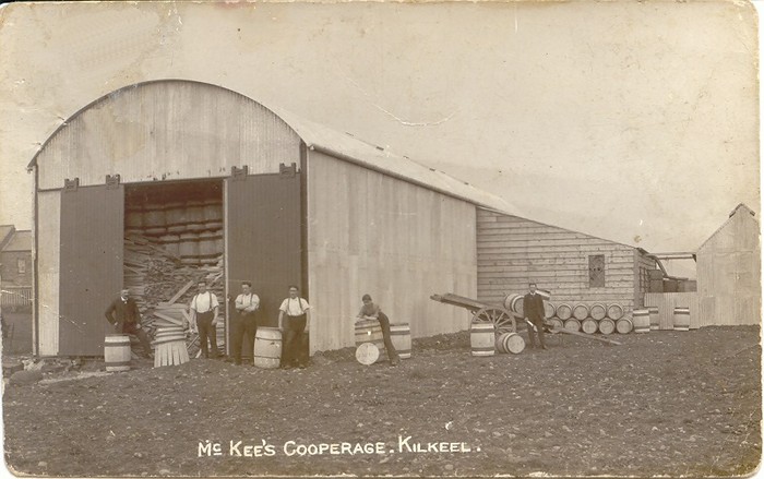 Workmen at McKee’s Cooperage in the 1930s. Each cooper made nine barrels in a twelve-hour day. Newry and Mourne Museum Collection