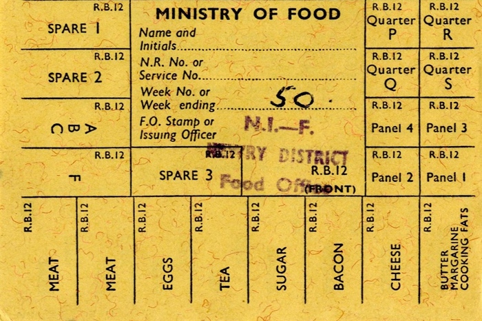Ration coupons issued by the Ministry of Food, Newry District in 1953/54. After the Second World War ended, rationing continued into the 1950s. A lack of key ingredients, such as eggs, sugar, butter and margarine, meant that home bakers had to be more creative with their recipes, using fresh fruit and vegetables to add sweetness to cakes and puddings. Newry & Mourne Museum Collection