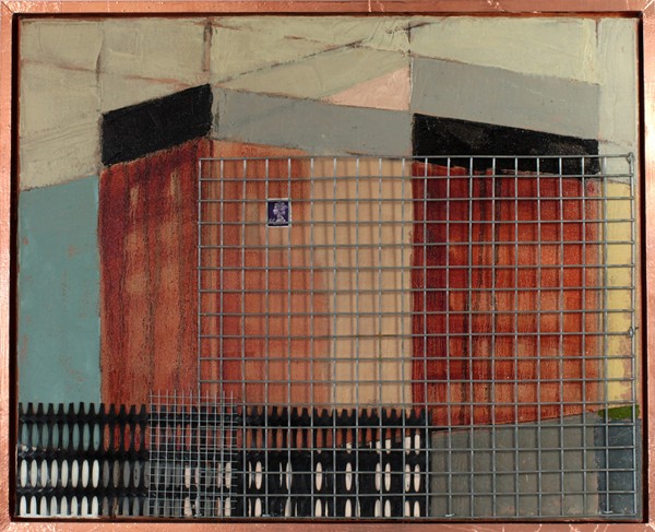 Green Green Grass of Home, oil on canvas, mesh, stamp, copper, 2022 Painting of North Street flats produced for the Three Views of a Border exhibition in 2022. Courtesy of Greag Mac a’ tSaoir