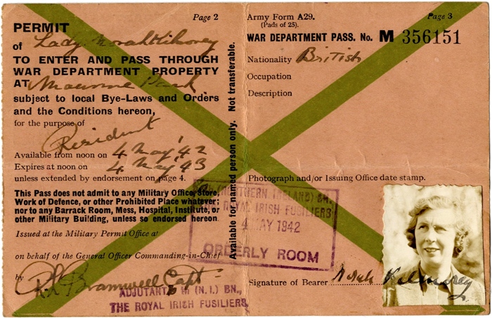 War Department security pass, dated 1942, issued to Lady Norah Kilmorey, whose home, Mourne Park was requisitioned for use by both British and American servicemen.  Newry & Mourne Museum Collection