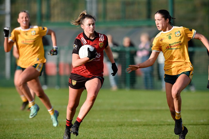 Down's Aoife Laverty goes on the attack against Antrim on Sunday at Davitt Park Photograph: Brendan Monaghan
