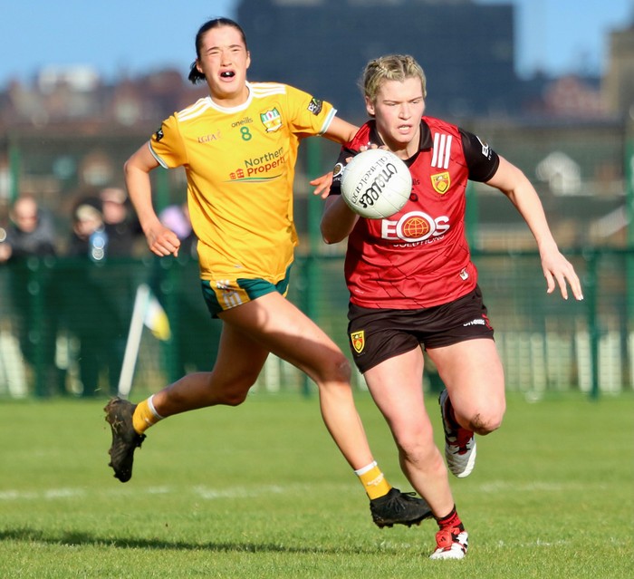 Down Senior Meghan Doherty surges forward. Photograph: Gareth Carville