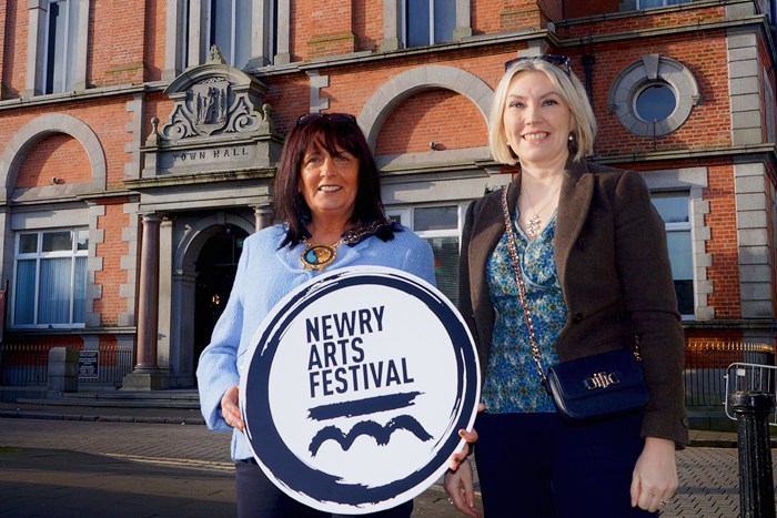 Newry, Mourne and Down District Council Chairperson, Cllr Valerie Harte launches the 2024 Newry Arts Festival programme accompanied by the Council’s Arts Development Manager, Jacqueline Barker.