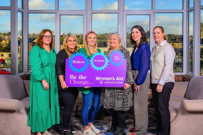 Gemma Gamble, Catherine Gallagher, Laura Gorman, Terex Corporation with Niamh O’Maolain, Chair, and Eileen Murphy, CEO WAAD, along with Hazel Robinson, Murdock Builders Merchants at the launch of the Women’s Aid Conference.