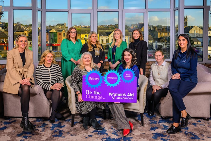 Women’s Aid Conference sponsors include: Charlotte McAteer, and Gemma Murphy, Jack Murphy Jewellers, Eileen Murphy, CEO, WAAD, Niamh O’Maolain, Chair WAAD, Hazel Robinson, Murdock Building Supplies and Eadaoin McVerry, ReGen. (Standing) Jemma Gamble, Catherine Gallagher, Laura Gorman, Terex Corporation and Elizabeth O Connor, Rathbane Group.