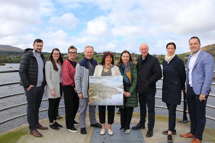 Councillor Valerie Harte, Chairperson, Newry, Mourne and Down District Council is photographed with user groups and stakeholders as a planning application is submitted for new recreational facilities at Camlough Lake. Included from left: Jordan Mc Cully, TB&A; Rachel Aitcheson, Todd Architects; Catherine Murphy, Camlough Lake User Group; Des Murphy, Camlough Lake User Group; Valarie Harte, Chairperson; Michelle Boyle, NMDDC; Councillor Declan Murphy; Sarah Mc Dowell, Resolve Planning and Conor Mc Callion, Gleeds.