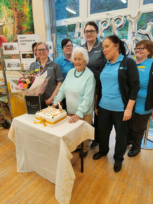 Orchard Centre staff with Maureen O'Hare on her 100th Birthday.