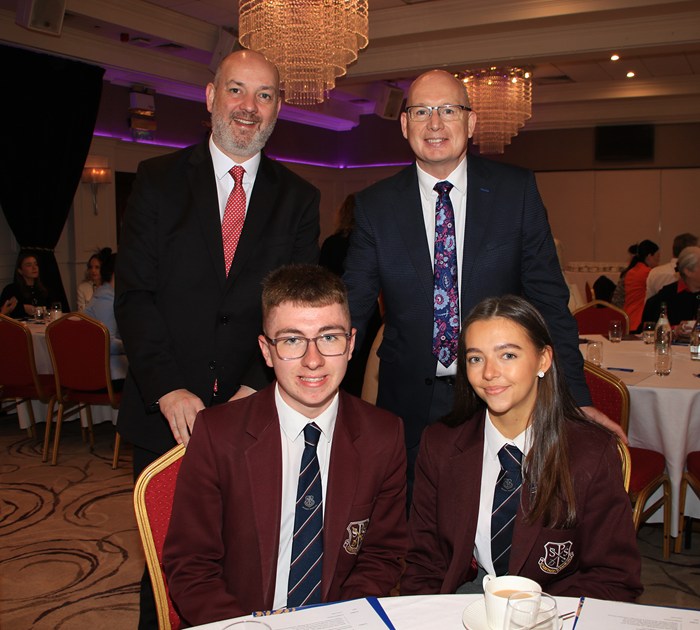 Michael Savage CEO Newry Chamber of Commerce with Dáithí Murray Principal and pupils from St. Paul's High School attending the Recruitment and Skills Forum.