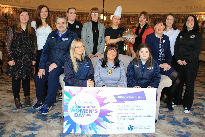 Newry, Mourne and Down District Council Chairperson, Councillor Valerie Harte pictured with event sponsors and the Chairperson’s Chosen Charities at the launch of International Women’s Day event. Included back from left: Stephanie Thompson and Natalia Buchanan, Sound Friends; Niamh Havern, Well Lane Warriors; Colette Hoody, Life Change Changes Lives; Lucy Feodorova, Canal Court Hotel; Helene McGivern, Life Change Changes Lives; Caroline Digney, Down Right Brilliant; Jessica McMahon, Well Lane Warriors. Front from left: Bernard Robb, Newry All Stars; Katerina Poutsi, Re-Gen Waste Limited; Maeve Robb, Newry All Stars and Louise Young, Manager of the Canal Court Hotel. 