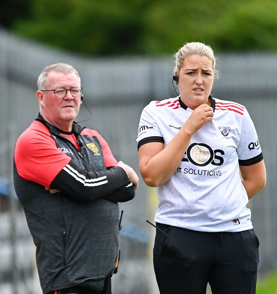 Down  manager Caobhe Sloan, right, along with Peter Lynch assistant during the TG4 All-Ireland Intermediate Championship semi-final match between Down and Tyrone at St Tiernach's Park in Clones, Monaghan. Photograph: Oliver McVeigh/Sportsfile