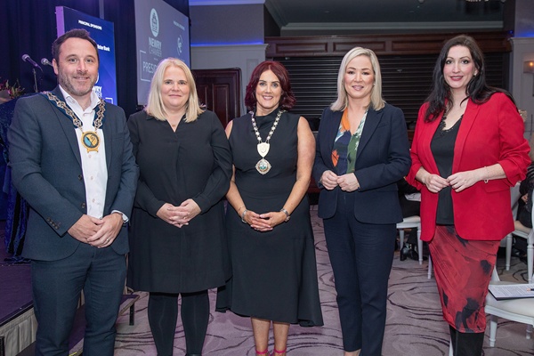 Cllr Pete Byrne, Chairperson of Newry, Mourne and Down District Council, Marie Ward, Council CEO, Edwina Flynn, President of Newry Chamber with the First and deputy First Ministers at the Annual Newry Chamber President’s Banquet.
