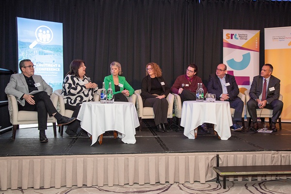 The panel for Tackling Economic Inactivity & Promoting Diversity in the Workplace Panel Discussion, Damian McCorry, Employer Advisor at Newry Jobs & Benefits Office, Isabella McNulty, Employee through the Job Start Programme, Emma Bohill, CEO of Down Business Centre, Petra McPolin, HR Business Partner at Around Noon, Max Helferty, Trainee through the Skills for Life & Work Programme, Liam Devine, CEO of Clanrye Group and Paddy Rooney, Deputy Secretary for Work & Health, Department for Communities NI.