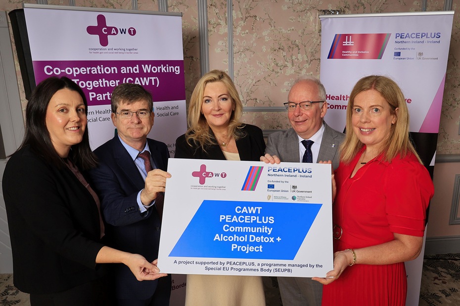 Launching the CAWT PEACEPLUS Community Alcohol Detox + Project are from left:  Danielle McLaughlin, Deputy Chief Officer, CAWT; Eamon Keenan, National Clinical Lead, HSE Addiction Services / Clinical Professor in Addiction Studies, TCD; Gina McIntyre, Chief Executive Officer, Special EU Programmes Body; Aidan Dawson, Chief Executive, Public Health Agency / CAWT Deputy Director General and Cathy Mc Closkey, Chief Officer, CAWT.