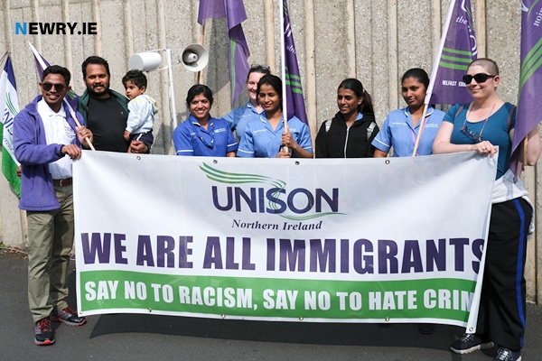 Visitors to Daisy Hill Hospital for the Stand up to Racism rally. Photograph: Columba O'Hare/ Newry.ie 