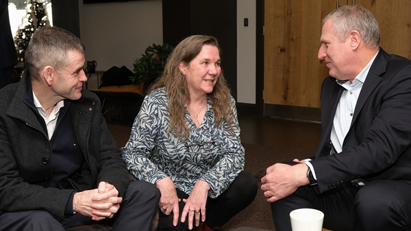 Niall O'Donnell (NIGTA) NIFCC Director; Valerie McCann, NIFCC CEO/Company Secretary and Keith Agnew (Dale Farm) NIFCC Owners Representative chat at the Northern Ireland Food Chain Certification AGM. Photograph: Columba O'Hare/ Newry.ie