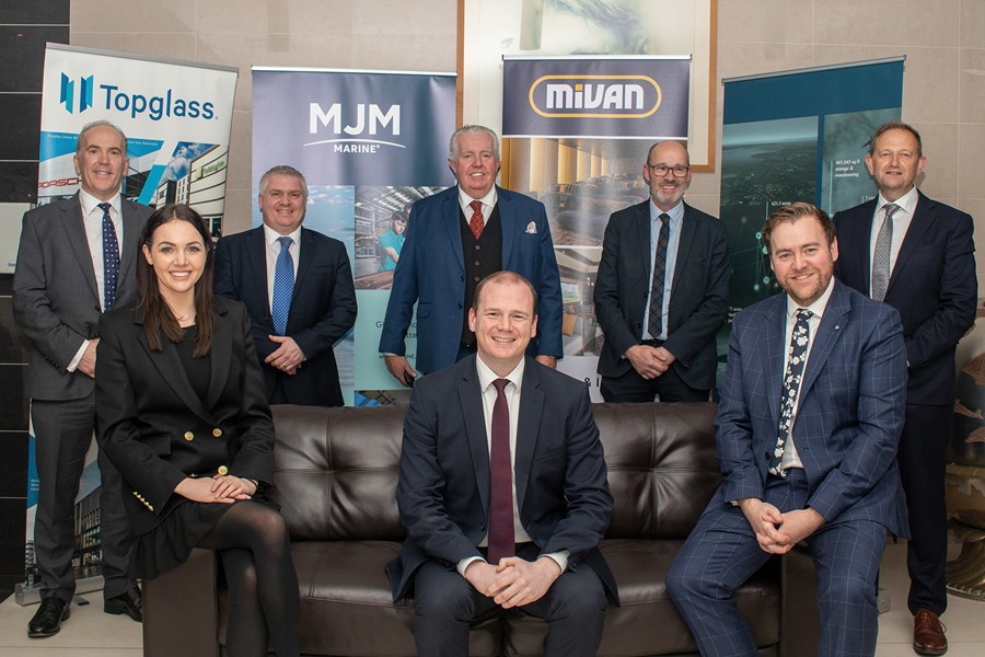 Pictured during Economy Minister Gordon Lyon's visit to MJM. Included are back from left: Mark Mitchell, Managing Director Topglass; James Crawford, MJM Renewables Development Manager; Brian McConville CBE, MJM Group Chairman; John Cunningham, CEO Mivan; Gary Annett, CEO MJM Marine. Front from left: Naoimh McConville, MJM Group Director; Economy Minister, Gordon Lyons MLA;  Conleth McConville, MJM Group Director.
