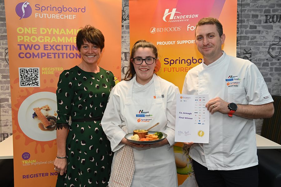 FutureChef competition finalist Faith Belshaw from Newtownhamilton High School is pictured with Caitriona Lennox from Springboard and Geoff Baird, Business Development Chef at Henderson Foodservice, sponsors of the competition. Faith won her regional heat and will now progress to the NI Finals in February under the mentorship of Chef Colleen Lennox from The Oliver in Newry, where celebrity chef Jean-Christophe Novelli will be Head Judge. 