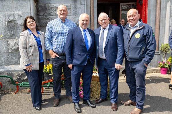 Anne Kinsella, Senior Research Officer, Teagasc; Board Member & Joint Treasurer of Embrace Farm,  John Hayes, rugby legend, Brian Rohan, Embrace FARM founder; IFA president Francie Gorman and Peter Farrelly, Farm Contractors of Ireland  at the Embrace FARM, Remembrance Service in the Church of the Most Holy Rosary, Abbeyleix, Co. Laois, Sunday 30th June 2024.