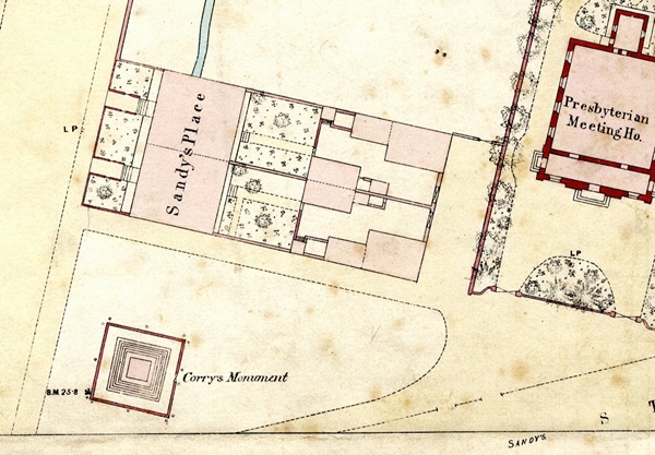Ordnance Survey map from 1861, showing the location of the Corry Monument, before the land around it was turned into a garden. Newry & Mourne Museum Collection