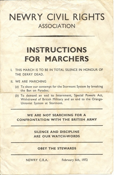 Newry Civil Rights Association leaflet detailing instructions for participants at the march in Newry on the 6th of February 1972. Newry & Mourne Museum Collection