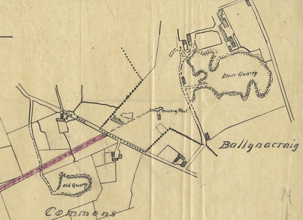Copy of map from 1910 showing the location of Moor Quarry in Ballynacraig, one of several quarries in the area.  Newry & Mourne Museum Collection