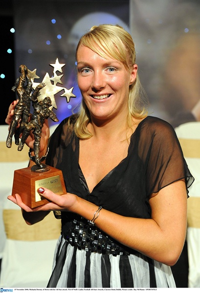 Michaela Downey of Down with her All Star award. TG4 O'Neill's Ladies Football All-Stars Awards, Citywest Hotel, Dublin. Photograph: Ray McManus / SPORTSFILE