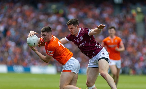 Armagh's Oisin Conaty and Galway's Cein Darcy in action at Croke Park. Photograph: Noel Moan