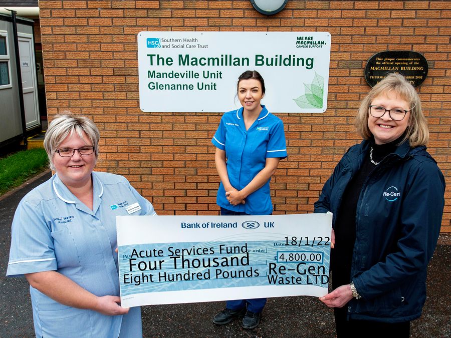 Avril Harrison from Re-Gen Waste LTD, right,  Presents a cheque to the Mandeville unit and is pictured with Kathryn Hayes (Nursing Axillary) and Melissa Montgomery (Staff Nurse)