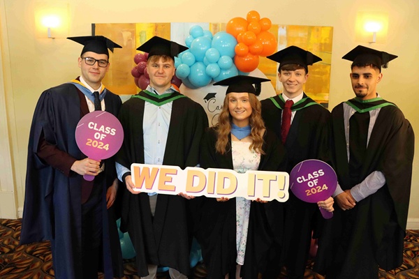 Julie Bicker, winner of the full-time award within the Faculty of Professional Services.  Julie is pictured alongside her classmates from the Open University Foundation Degree in Sports and Exercise, which she studied at SRC’s Newry campus. Pictured (L-R): Lorcan Savage (Lissummon), Connor Grant (Hilltown), Julie Bicker (Rathfriland), Kameron Pentland (Donaghcloney), Yousef Almahammed (Newry).