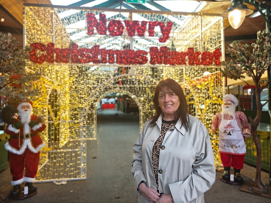 Cllr Valerie Harte at the entrance to Newry Christmas Market.