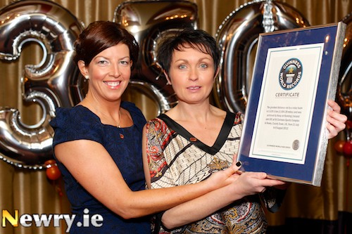 Jacqueline Galway and Catherine Murphy with their Keep on Running Guinness World Record Certificate. Photograph: Columba O'Hare