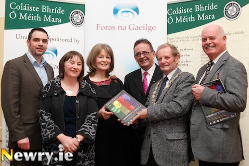Pictured at the launch of “Oidhreacht Oirialla” the journal produced by Newry Branch Gaelic League to mark the centenary commemoration of Coláiste Bhríde – Saint Brigid’s Irish College Omeath. From left: Dr Gearóid Trimble, Foras na Gaeilge; Anita Gallagher, Editor; Pádráigín Ní Uallacháin, Singer Songwriter; Doiminic Ó Brolcháin MLA; John McArdle, Mayor, Newry and Mourne District Council and Seamus MacDhaibheid. Photograph: Columba O'Hare