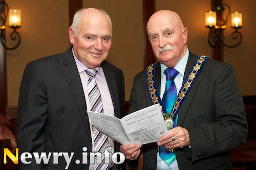 Cllr Charlie Casey, Mayor, Newry and Mourne District Council checks over what's on offer at Newry Show on the 30th of June with Tommy Collins, Chairman, Newry Agricultural Society at the Show's press launch. Picture: Columba O'Hare
