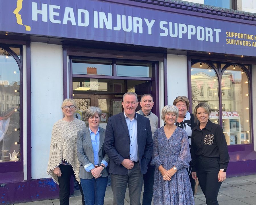 Pictured during the visit to Head Injury Support are from left: Carol Murphy, Ann Cobban, Conor Murphy, Pat O'Neill, Hannah Downey, Sheila King and Liz Kimmins.