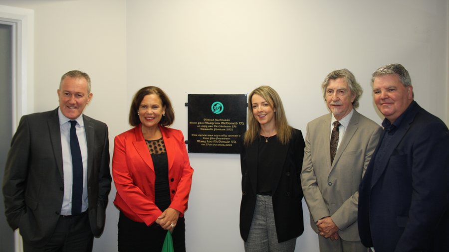 Pictured at the official opening of the new Newry Sinn Féin office are from left: Conor Murphy, MLA; Mary Lou McDonald, Sinn Féin President; Liz Kimmins, MLA; Mickey Brady, MP and Cathal Boylan, MLA.