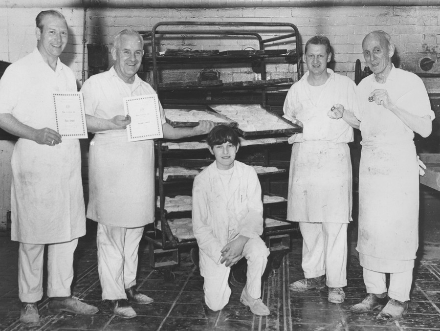 Over the years employees of McCann’s Bakery won various prizes in the annual Northern Ireland Bakery Competition and in other competitions for their work. The workers pictured here were prize winners in 1970. Left to right: Peter Devine, Foreman, Mickey B. Keenan, Christopher McDonald, Pat McMahon and Tommy Keenan.  Newry and Mourne Museum Collection