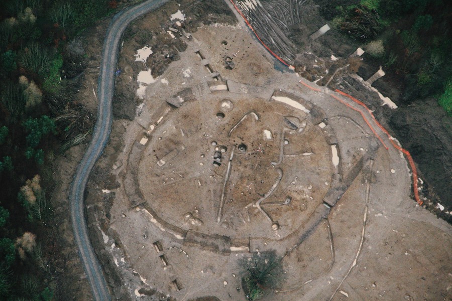 Aerial view of a rath at Carnbane, near Newry, during excavation in 2011. Two souterrains and evidence of house structures were found.  Courtesy of Fintan Walsh, Irish Archaeological Consultancy