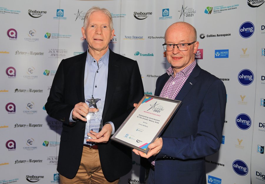 Outstanding Contribution to the Greater Newry Area Award Winner was Ciaran Rafferty who accepted his Award from Sponsor Peter Murray, Centre Manager at Buttercrane Shopping Centre.