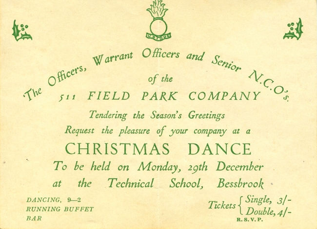During the Second World War, Allied Soldiers were stationed at Derrymore House, near Bessbrook. This is an invitation for a Christmas Dance hosted by them on 29th December 1941. Newry and Mourne Museum Collection