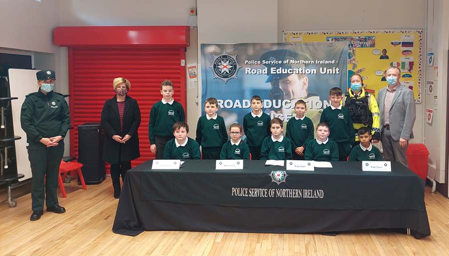 Pictured at the Newry, Mourne and Down Policing and Community Safety Partnership (PCSP) ‘Kids Court’ at St. Michaels Primary School in Newtownhamilton are, from left: PSNI Road Education Officer, Constable Ciara Cassells, PCSP Manager Martina Flynn, P7 Children from St. Michaels Primary School Newtownhamilton, Slieve Gullion Neighbourhood Police Officer Constable McCartney, and St. Michaels Primary School Newtownhamilton Principal, Mr Cathal Murphy.