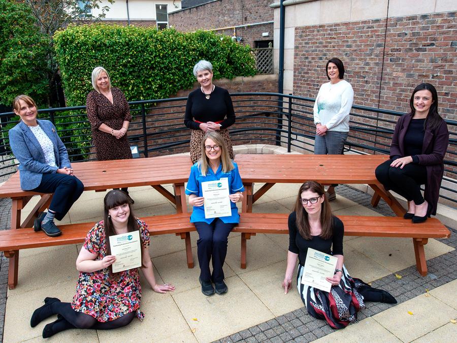 Pictured with some of the graduates are Julie McConville, Assistant Director of Specialist Child Health & Disability, Dawn Ferguson, Assistant Director Nursing, Caroline Lee, Northern Ireland’s Nightingale Challenge Global Leadership Programme, Mairead Donnelly, Head of Health Visiting and School Nursing and Charlene McGuigan, Head of Service Integrated Care Teams.