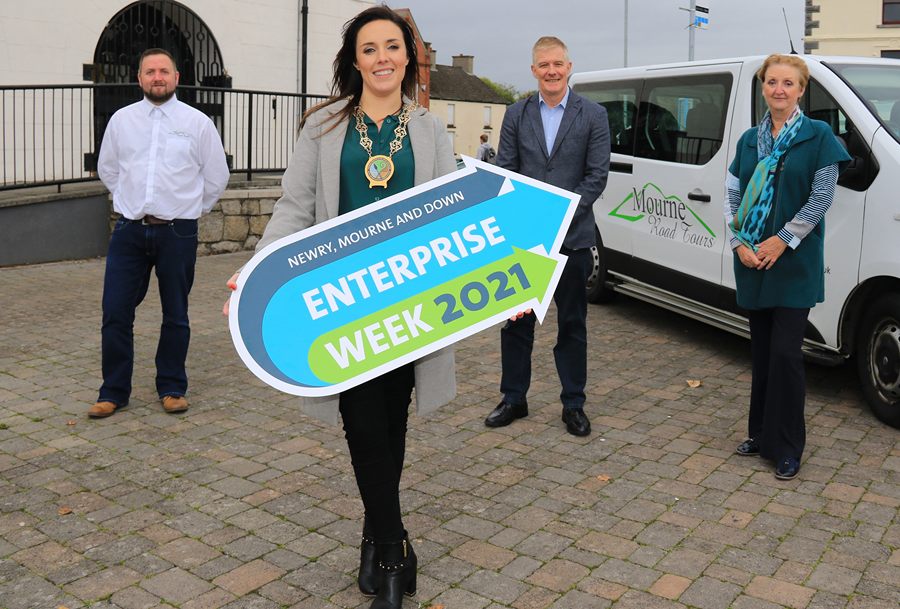 Newry, Mourne and Down District Council Chairperson, Councillor Cathy Mason launches NMD Enterprise Week 2021 with Kevin Brogan local business owner and entrepreneur of Mourne Road Tours, Dr Conor Patterson of Newry and Mourne Co-Operative Enterprise Agency and Janice McDonald of Down Business Centre. 