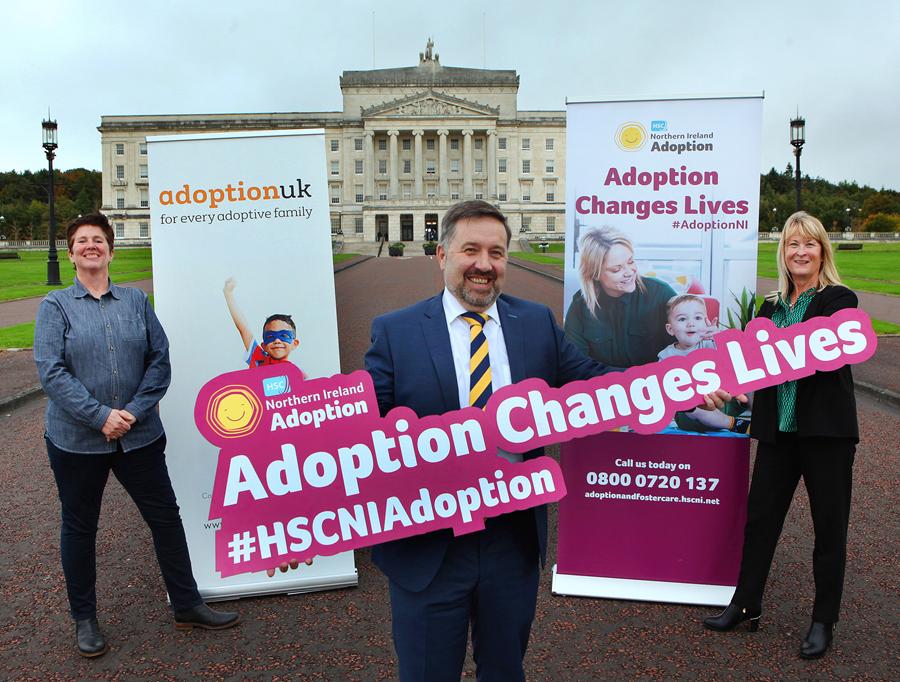 EJ Havlin, NI Director of Adoption UK; Health Minister Robin Swann and Catherine Cassidy, Deputy Director of Social Care & Children, HSC Board launch Northern Ireland Adoption Week 2021 
