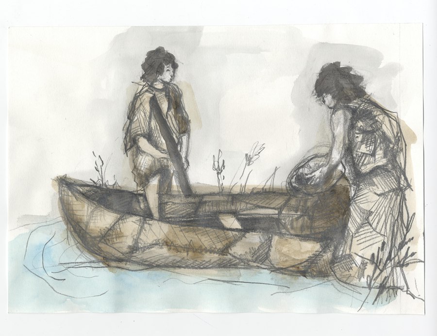 Artist’s impression of a prehistoric boat made from animal hide in use. Newry and Mourne Museum Collection (artwork by Anna Marie McClelland)