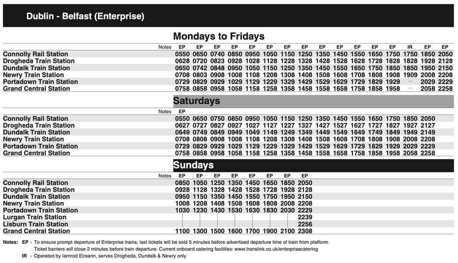 Dublin to Belfast Timetable