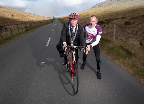 Charlie Casey, Mayor of Newry and Mourne District Council  is put through his paces by Johnny Davis, Pioneer Group who is organising the event . Photo: Mark Pearce 