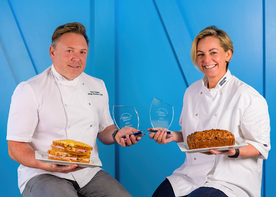 Around Noon Executive Chef Dave Graham and Ciara Byrne, Head of New Product Development at Around Noon Bakery, with the award winning products and the awards which arrived with the company this week.
