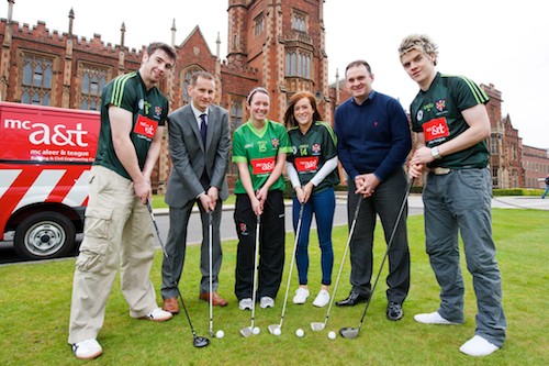 Current and past members practice their swing in front of the Queen’s Lanyon Building. Pictured – Brian Cox (Fermanagh), Dominic Teague (McAleer & Teague), Clare Scullion (Tyrone), Grainne McNally (Monaghan), Aidan O’Rourke (Queen’s GAA Academy) & Caolan Daly (Tyrone).