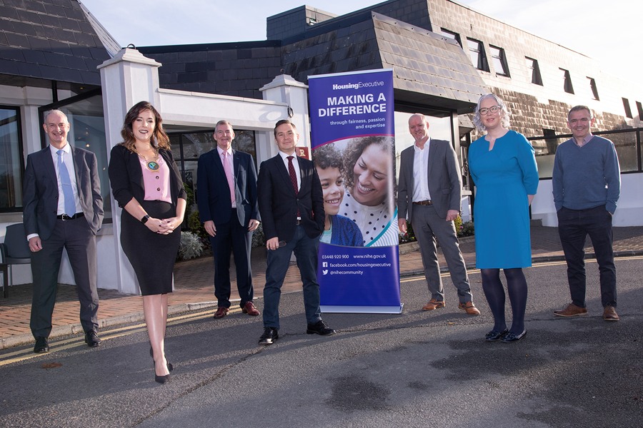 Newry, Mourne and Down District Chairperson, Councillor Cathy Mason with (From Left) Andrew Hay, Newry, Mourne and Down Principal Planning Officer; Gerry Flynn, Bolster Community Representative; Compere John Campbell, BBC Northern Ireland Economics and Business Editor; Conor Mallon, Director of Enterprise, Regeneration and Tourism Newry, Mourne and Down District Council; Ailbhe Hickey, Northern Ireland Housing Executive Representative  and Shane Elliot Department of Health Northern Ireland Housing Executive Representative.