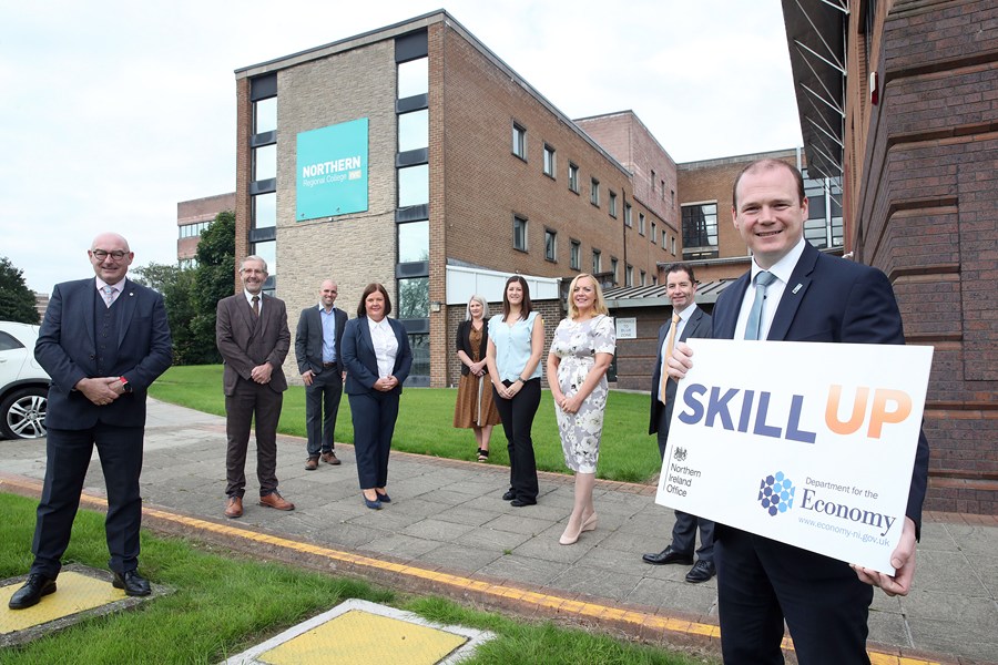 Pictured at the launch of Skill Up at Northern Regional College's Newtownabbey campus are (l-r) John D'Arcy, Open University; David Jones, Queen's University Belfast; Jeb Berkeley, South Eastern Regional College; Jill Cush, South West College; Andrea Kearney, Southern Regional College; Rachel Burns, Belfast Met; Sinead Hawkins, North West Regional College; Mel Higgins, Northern Regional College; and Economy Minister Gordon Lyons.